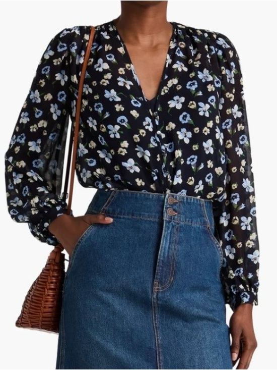 Veronica Beard Tops - Veronica Beard Alec Silk Blouse 10 Black Floral Sheer V Neck Top